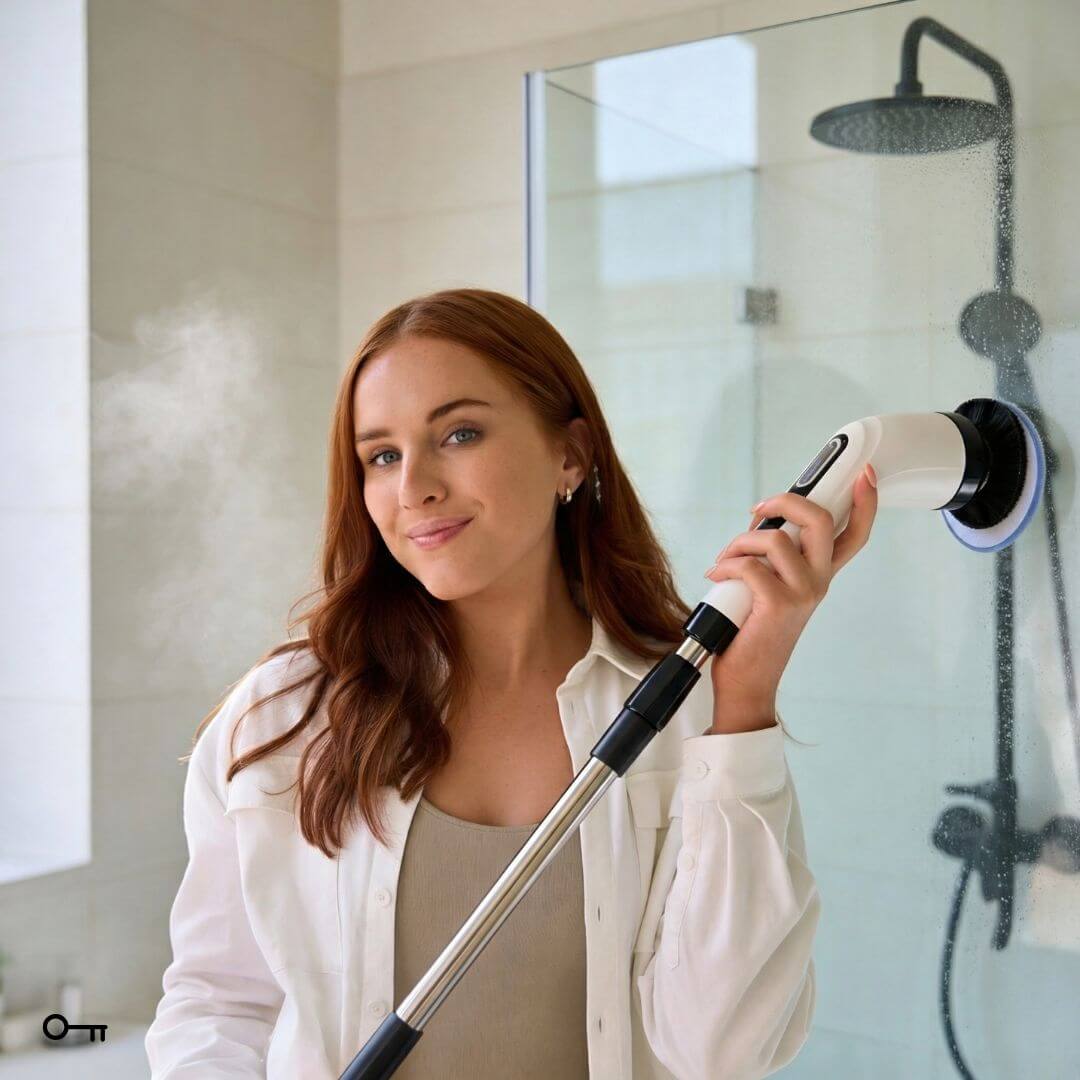 Woman using a steam cleaner to clean a glass surface in a bathroom.