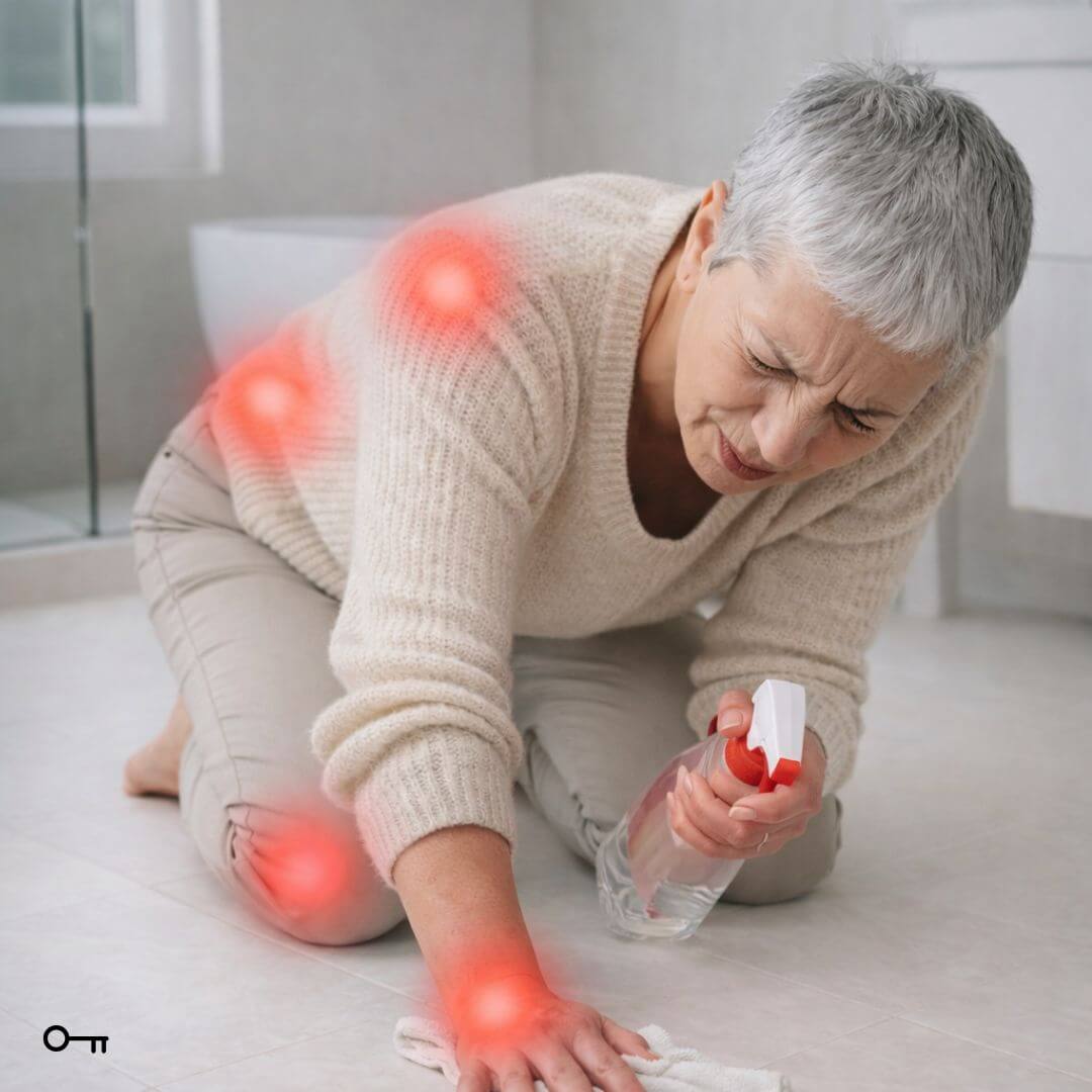 Woman experiencing pain in knees, hands, and wrist with red highlights, holding a bottle of water.
