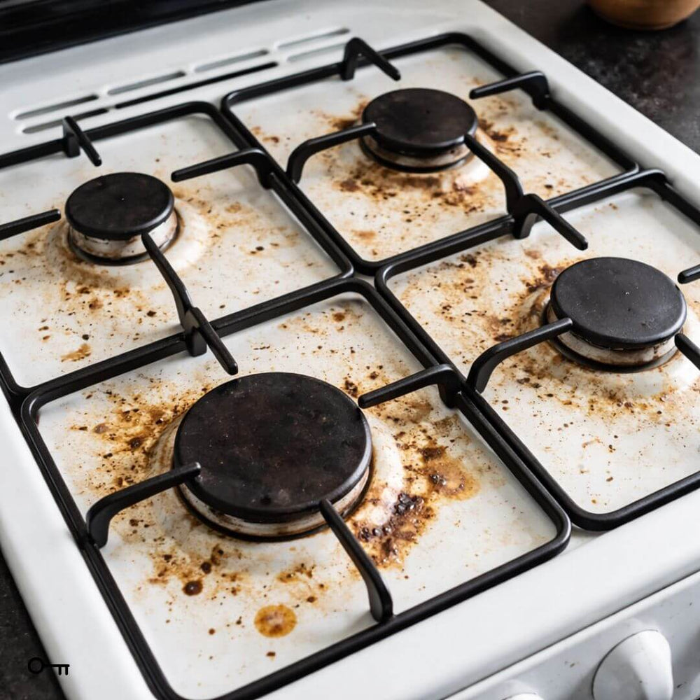 Dirtied gas stove with black burners on a white stovetop