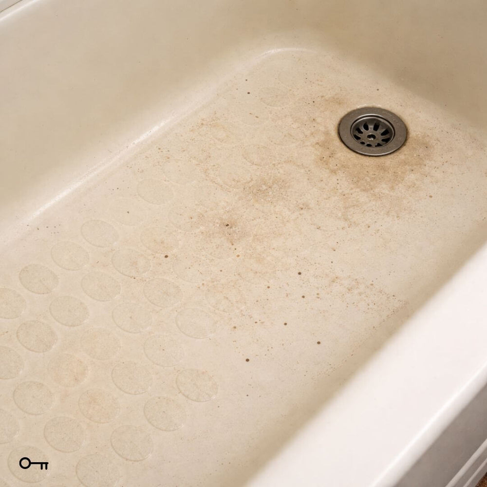 Beige kitchen sink with visible stains and a drain.