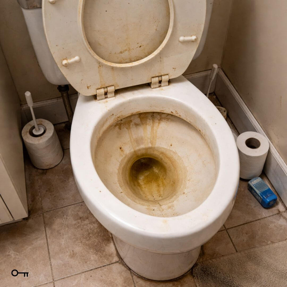 Dirty toilet in a bathroom with cleaning supplies nearby